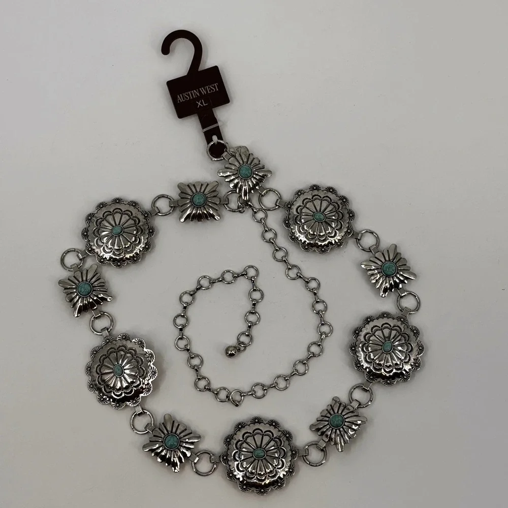Austin West Concho Chain Belt Women XL Silver Turquoise Southwestern Adjustable